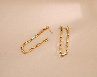 Long Chain Ear Jacket Earrings, Cable Chain Link Drop Ear Jacket, Gold Dangle Studs 18K Gold Minimalist Chic Design Elegant Everyday Wear
