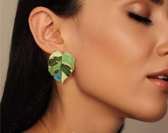 Monstera Leaf Earrings, Large Leaf Earrings, Plant Lover Earrings, Tropical Plant Earrings, Gold Statement Earrings, Green Leaf Earrings