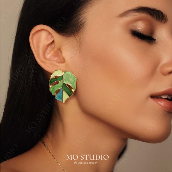 Monstera Leaf Earrings, Large Leaf Earrings, Plant Lover Earrings, Tropical Plant Earrings, Gold Statement Earrings, Green Leaf Earrings