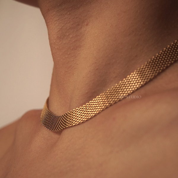 Fine Mesh Vintage Choker Herringbone Necklace Thin Mesh Gold Choker Wide Mesh Chunky Necklace Retro 80s Necklace Party Birthday Gift For Her