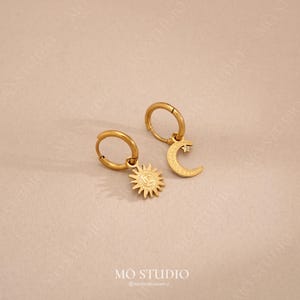 Mismatched Gold Sun and Crescent Moon Boho Hoop Earring , Small Dainty Minimalist Gold Celestial Huggie Hoops,Statement Dangle Charm Earring