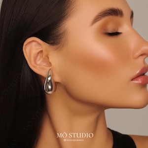 Oversized Silver Teardrop Earrings, Chunky Gold Teardrop Earrings, Minimalist Chic Bold Statement Raindrop Earrings, Gold Bean Stud Earrings