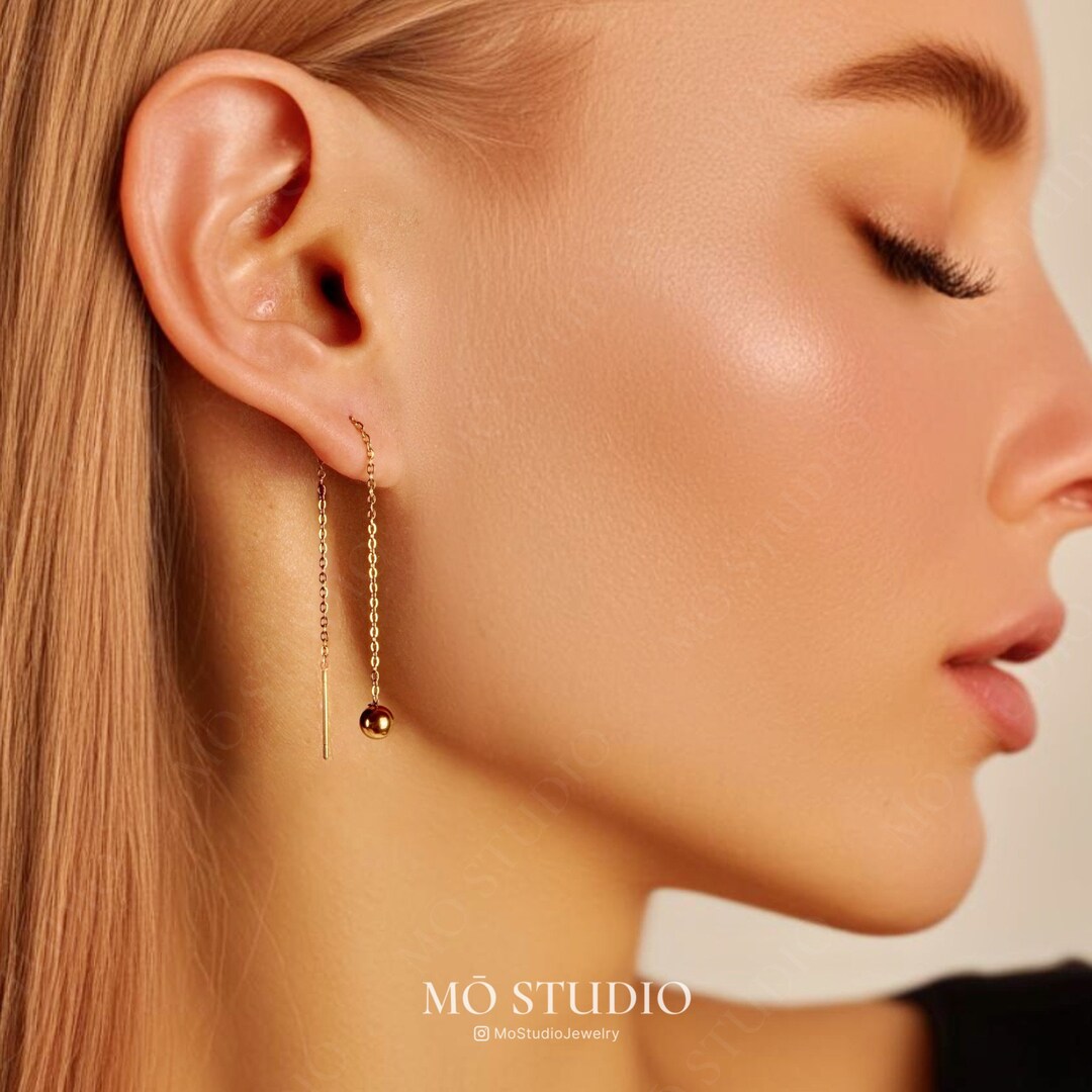 Long Threader Earrings Gold Chain Earrings Ball Minimalist Threader ...