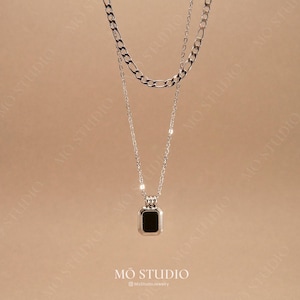 Silver Black Onyx Necklace, Minimalist Silver Double Chain Necklace, Statement Necklace Stacking Chain Necklace Layering Necklace Waterproof
