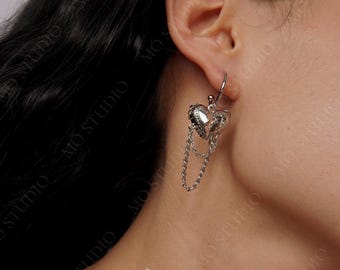Silver Broken Heart Hoop Earrings, Chunky Silver Heart Earrings with Long Tassel Chains, Puffy Heart Grunge Y2K Goth Alt Cute Trendy Egirl