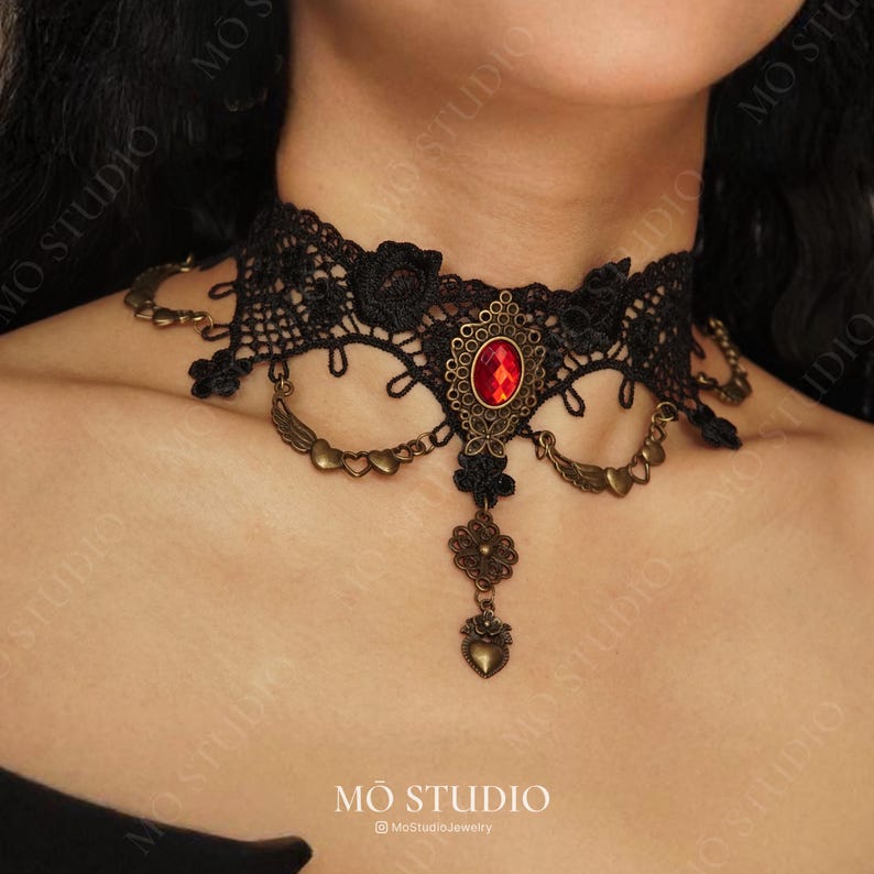 Vintage Victorian Gothic Black Lace Choker Necklace, Victorian Black ...