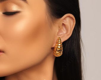 Gold Teardrop Stud Earrings Large Smooth Curved Dome Earrings 14K Gold Plated Statement Jewelry Minimalist Modern Elegant Gift for Women