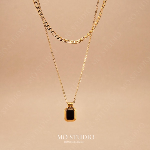 Statement Gold Double Stacking Chain Necklace, Minimalist 18k Gold Black Onyx Necklace, Everyday Boho Necklace Layering Necklace Waterproof