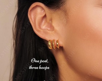 Goldene Dreifach-Creolen, Dreifachband, gedrehtes Seil, klassischer Huggie-Creolen, minimalistische klobige Statement-Ohrringe, moderne Ohrmanschette