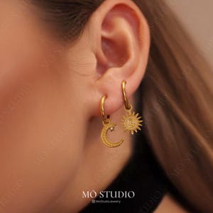 Mismatched Sun and Crescent Moon Hoop Earring Gold,Dainty Minimalist Asymmetrical Gold Celestial Huggie Hoops,Statement Dangle Charm Earring