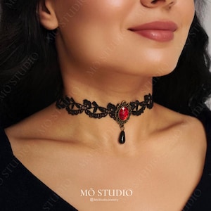Vintage Victorian Gothic Black Lace Choker Necklace Elegant Red Gem Victorian Choker Gothic Bridal Wedding Statement Ballroom Necklace