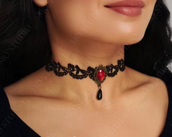 Vintage Victorian Gothic Black Lace Choker Necklace Elegant Red Gem Victorian Choker Gothic Bridal Wedding Statement Ballroom Necklace