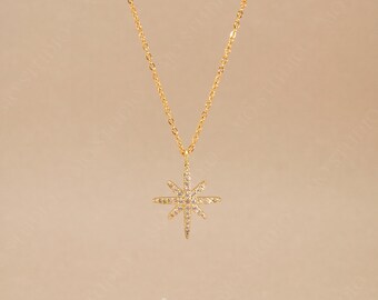 Large Gold CZ North Star Necklace,Dainty Statement Chain,Dainty Necklace,Trendy Necklace,Gift for her, Celestial Jewelry,Everyday Necklace