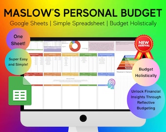 May include: A computer screen displaying a Google Sheets spreadsheet with a colorful budget template based on Maslow's Hierarchy of Needs. The spreadsheet is titled "Maslow's Personal Budget" and includes sections for financial needs, safety needs, love and belonging needs, esteem needs, and self-actualization needs. The spreadsheet is designed to help users budget holistically, taking into account all aspects of their lives.