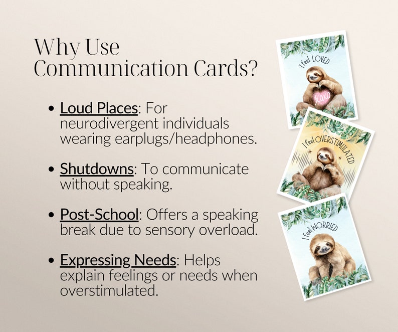 Sloth Emotion Check In Sloth Themed Communication Cards Set for Autism and ADHD - 108 Cards ...