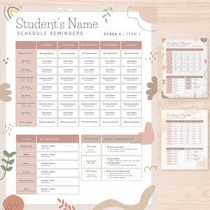 May include: A printable student schedule reminder template with a pink and brown color scheme. The template includes sections for class, teacher, routines, and what to remember. The template is designed for a student in class term 1.
