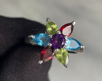 Multi Stone Flower Ring, Sterling Silver Ring, Multi Cluster Ring, Handmade Jewelry, Cut Stone Ring, Gemstone Jewelry, Gift For Mom