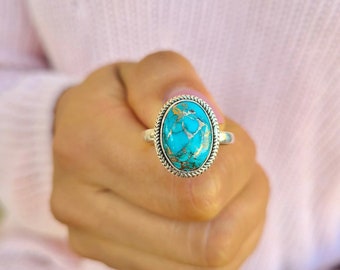 Genuine Turquoise Ring, Silver Turquoise Ring, Copper Turquoise Ring, Sterling Silver Ring, Boho Turquoise Ring, Christmas day gift for her