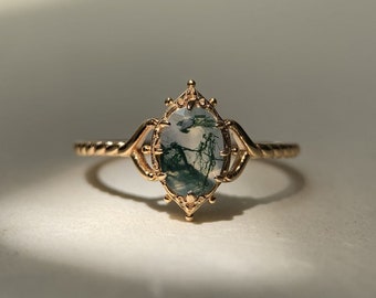 Natürlicher Moosachat Verlobungsring Vintage Einzigartige 925 Sterling Silber Gold Solitär Ringe Versprechen Jahrestag Schmuck Geschenk für Frauen