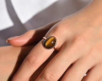 Tiger Eye Statement Ring, Brown Gemstone Ring, Shiny Gold Ring, Minimalist Ring, Boho Ring, Christmas Gift for Her, 925 Sterling Silver