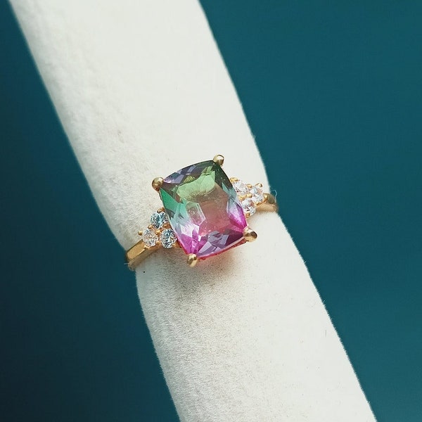 Watermelon Tourmaline Ring, 925 Sterling Silver Ring Tourmaline Doublet Quartz Silver Ring Cushion Watermelon Tourmaline Bi color stone Ring
