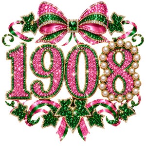 May include: A decorative graphic featuring the number 1908 rendered in sparkling pink and green rhinestones. The design includes a large pink and green bow at the top, green ivy leaves, and a border of white pearls surrounding the number eight.