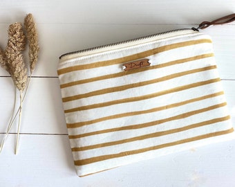 Zip Pouch in Mustard Stripe, Accessories Bag,  Striped Makeup Bag, Cosmetics Bag, Toiletries Bag, Accessories Case, Crochet Hook Bag, Pouch