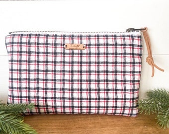 Zip Pouch in Plaid Flannel, Accessories Bag, Plaid Makeup Bag, Cosmetics Bag, Toiletries Bag, Gift, Stocking Stuffer
