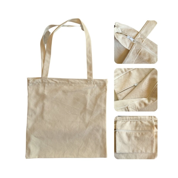 Blank Tote Bags with Zipper and Pocket | Plain Tote Bags, Cotton Canvas Tote Bags, Totebag to Customize, Wholesale Totebag, Natural Color