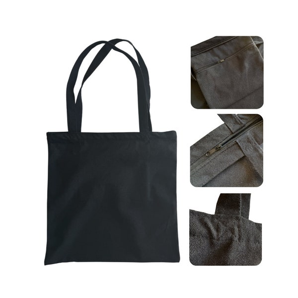 Blank Tote Bags with Zipper and Pocket | Plain Tote Bags, Cotton Canvas Tote Bags, Totebag to Customize, Wholesale Totebag, Black Tote