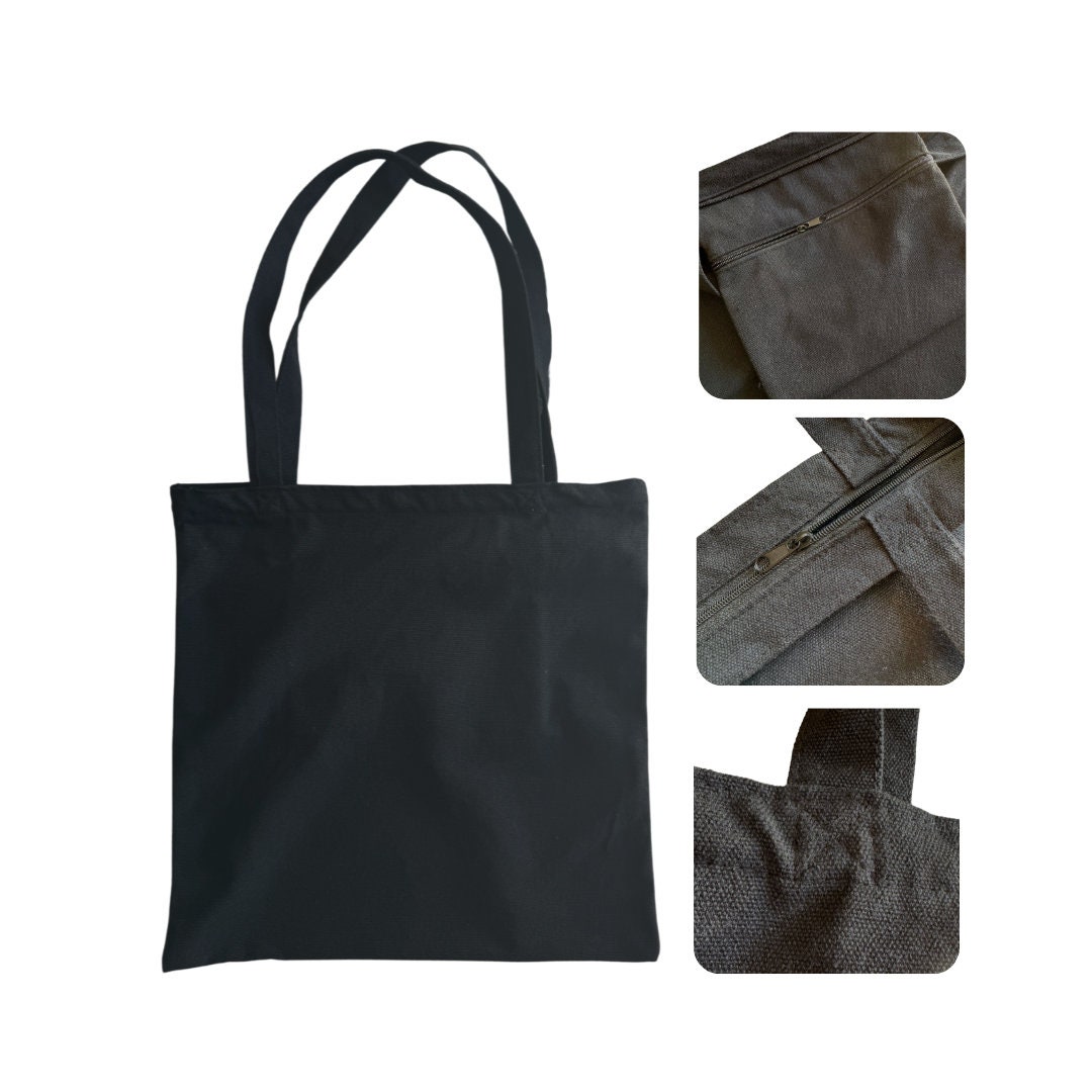 Black Canvas Tote Bag, Shopping Bag With Pocket, Tote Bag With