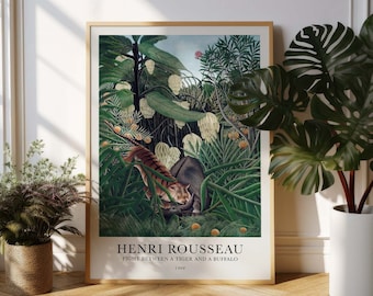 Jungle poster with motif by Henri Rousseau in Scandi style | Fight between a tiger and a buffalo