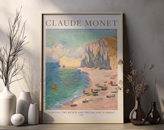 Strand- en zeeposter met motief van Claude Monet in Scandi-stijl, Étretat: Het strand en de Falaise d'Amont