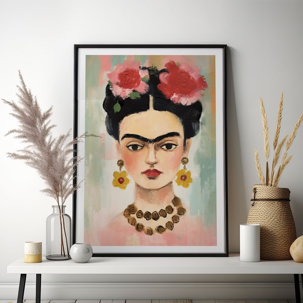 Frida Kahlo Poster, abstraktes Porträt von Frida Kahlo als Ölgemälde im Boho Stil