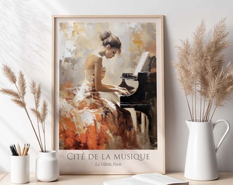 Piano concert poster in Scandi style, painting of a pianist at the piano