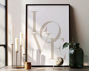 LOVE poster, typography poster with beige letters on a white background