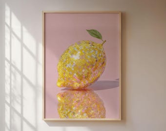 Disco Lemon poster, moderne pop-art print, gele discobal op roze achtergrond, fruitdecoratie voor keuken en woonkamer.
