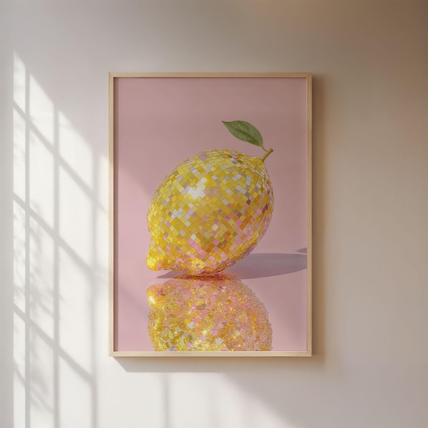 Disco Zitronen Poster, moderner Pop-Art Druck, gelbe Diskokugel auf pinkem Hintergrund, Früchte Dekor für Küche, Wohnzimmer Deko