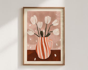 Póster de tulipanes, ilustración abstracta de flores blancas en un jarrón sobre un fondo marrón rojizo, impresión de arte moderno