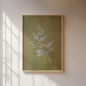 Olive green botanical poster, minimalist line drawing of a delicate plant, Scandinavian nature wall art