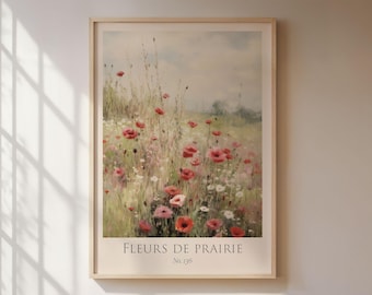 Flower meadow poster in Scandinavian style, painting of a meadow with wildflowers, colorful wildflowers