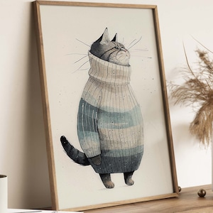 Cat in Sweater Poster, cute illustration in vintage comic style, great gift for cat lovers, perfect for children's room