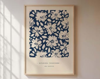Flower garden poster, botanical illustration against a blue background, vintage art print, minimalist wall art