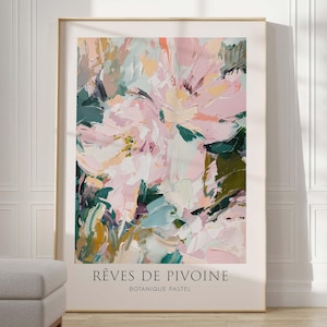 Póster floral abstracto de estilo escandinavo, decoración floral Rêves de Pivoine, pintura botánica de peonías.