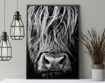 Scottish Highland cattle poster, black and white portrait photograph of a Highland cow in a pasture in the Scottish Highlands