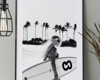 Surfboard poster, summer black and white photography of a woman on a tropical beach with palm trees