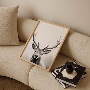 Majestic Deer Poster, black and white portrait photograph of a deer with mighty antlers image 2