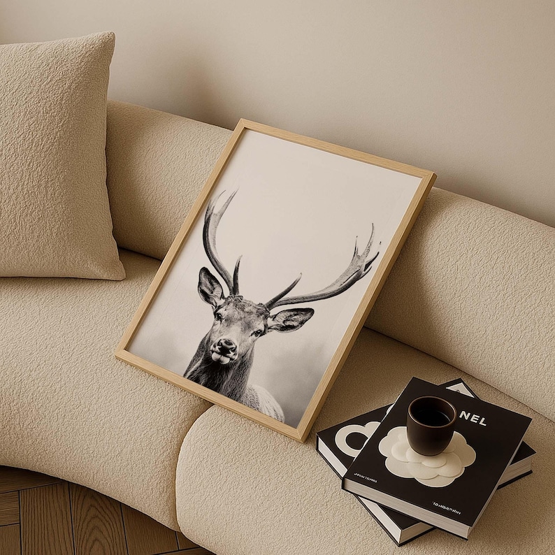 Majestic Deer Poster, black and white portrait photograph of a deer with mighty antlers image 2