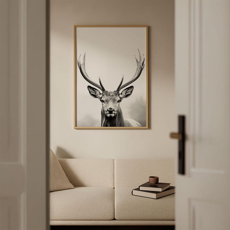 Majestic Deer Poster, black and white portrait photograph of a deer with mighty antlers image 3