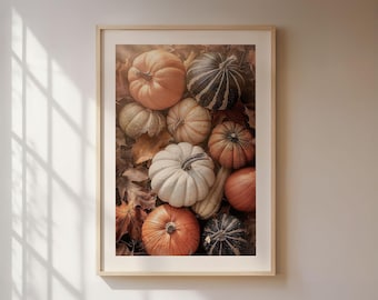 Pumpkin poster, autumnal photography of pumpkins on colorful autumn leaves, autumn decoration